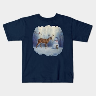 Funny Deer Eating Carrot Nose of Christmas Snowman Kids T-Shirt